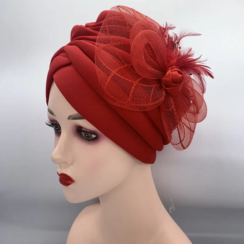 

Lastest Feather Flower Turban Bonnet for Women Muslim Headscarf Caps Wedding Party Headwear Turbante Mujer African Headtie