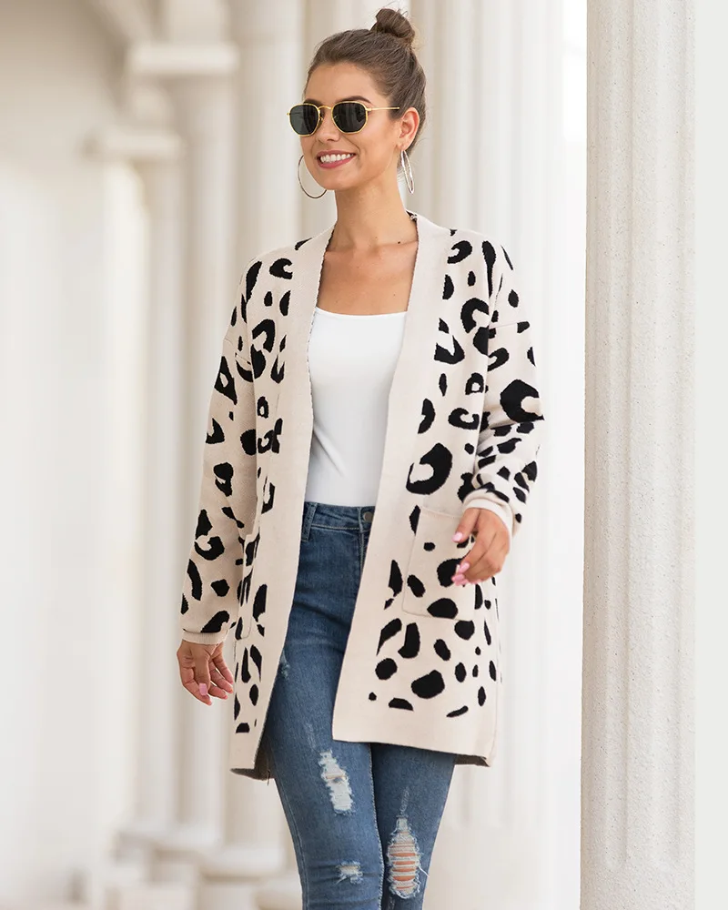 

Женский кардиган с леопардовым принтом, пальто средней длины с длинным рукавом, Осень-зима 2021