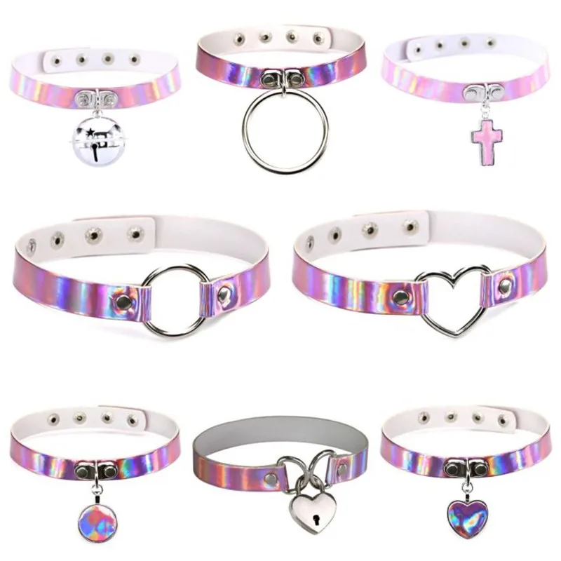

Sexy Laser Pink Color PU Leather Choker Necklace Women Punk Goth Harajuku Heart Round Bell Cross Necklaces Festival Jewelry Gift