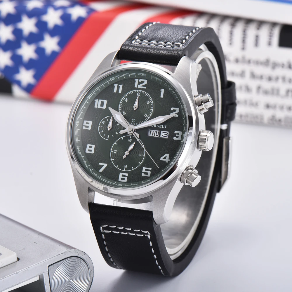 Corgeut 41 мм Для мужчин мужские часы часы-хронограф возможностью погружения на