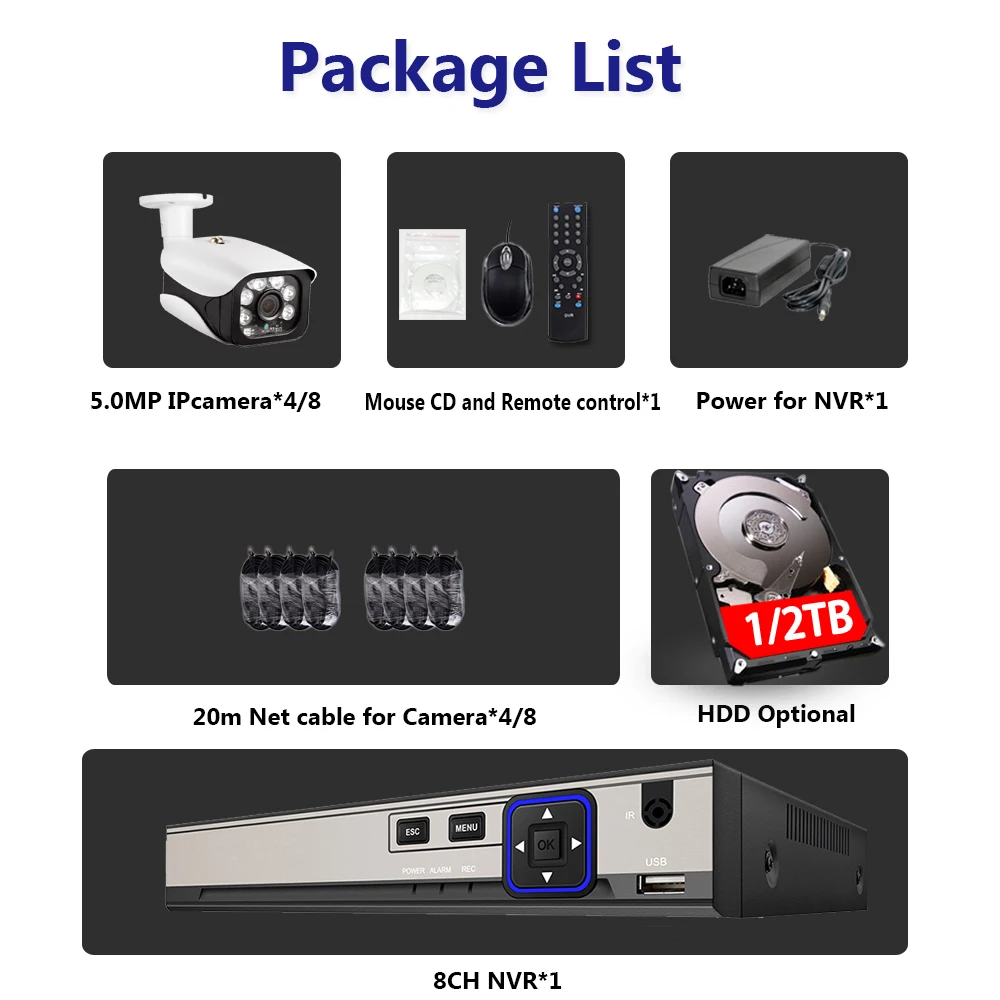POE NVR 8CH Full HD 5MP Kit Security 6PCS IR Leds Array IP-камера система видеонаблюдения вилла