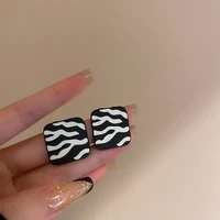 s925 drop oil black and white square striped earrings temperament niche design earrings simple earrings trend