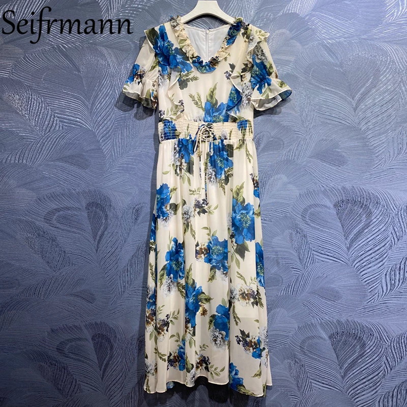 

Seifrmann New 2021 Summer Women Fashion Runway Party Long Dress Flare Sleeve Gorgeous Ruffles Elastic Waist Floral Print Dresses