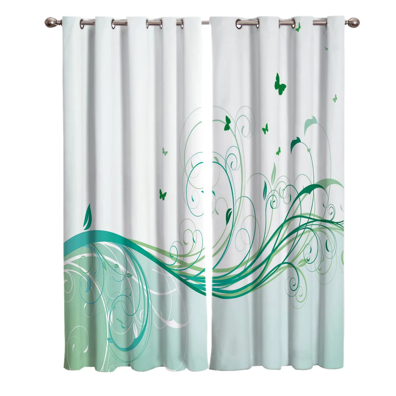 Шторы на окна в виде ветвей листьев бабочек зеленых цветов абстрактное искусство