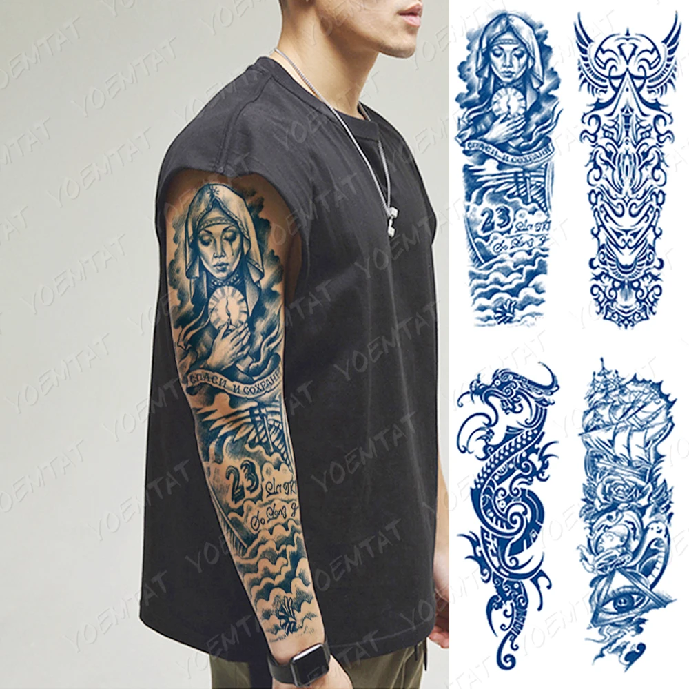 

Juice ink lasting full Arm Sleeve Tattoo mercy Virgin Waterproof Temporary Tatto Sticker Sailing Compass Body Art Fake Tatoo Men
