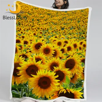 BlessLiving Sunflowers Sherpa Fleece Blanket Yellow Flowers Bedding Watercolor Floral Throw Blanket Vintage Style Bed Blanket 1