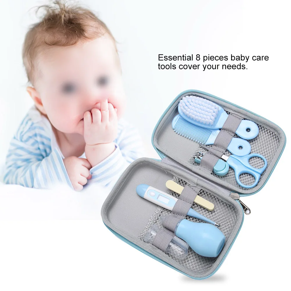 

8Pcs Convenient Daily Baby Nail Clipper Scissors Hair Brush Comb Manicure Nose Cleaner Thermometer Care Kit Healthy Care Tools