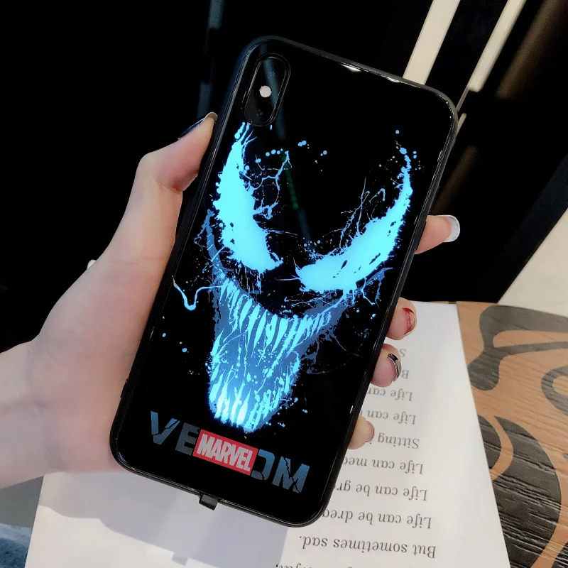 venom чехол из закаленного стекла для телефона для iPhone 6S 7 8PLUS XS MAX светодиодный роскошный стеклянный чехол для телефона