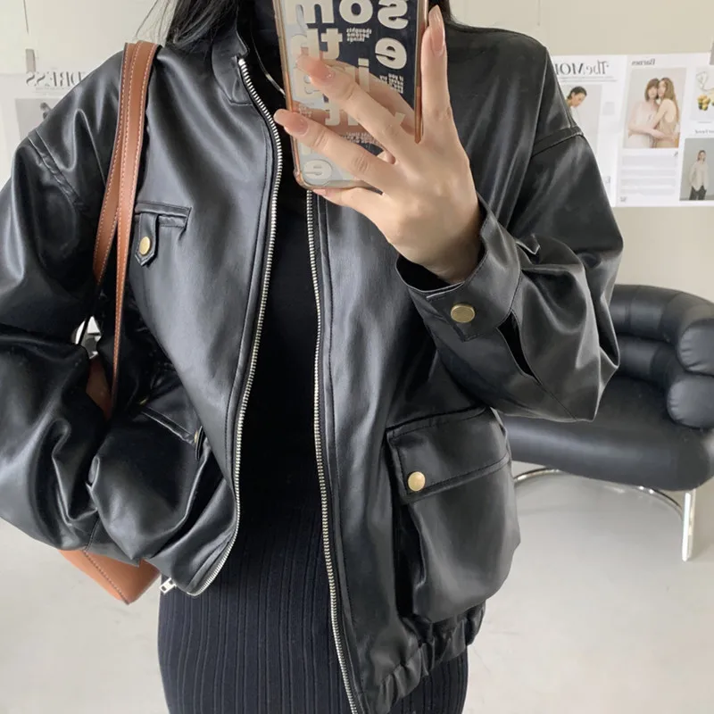 Осенние винтажные женские пальто из искусственной кожи с отворотом и двойными