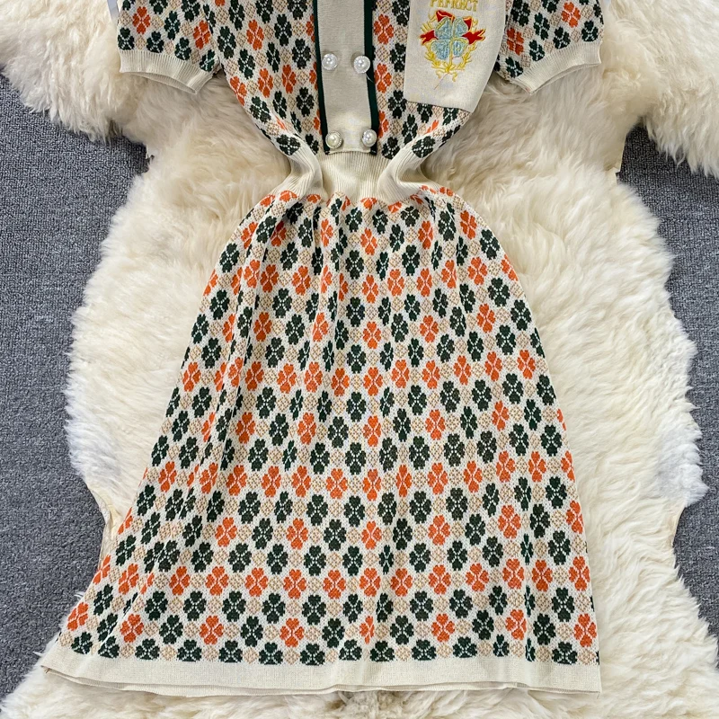 

Amolapha Women Summer Retro Knitwear Clothing Short Sleeve Double Breasted Turn-Down Collar Embroidery Mini Sweater A-Line Dress