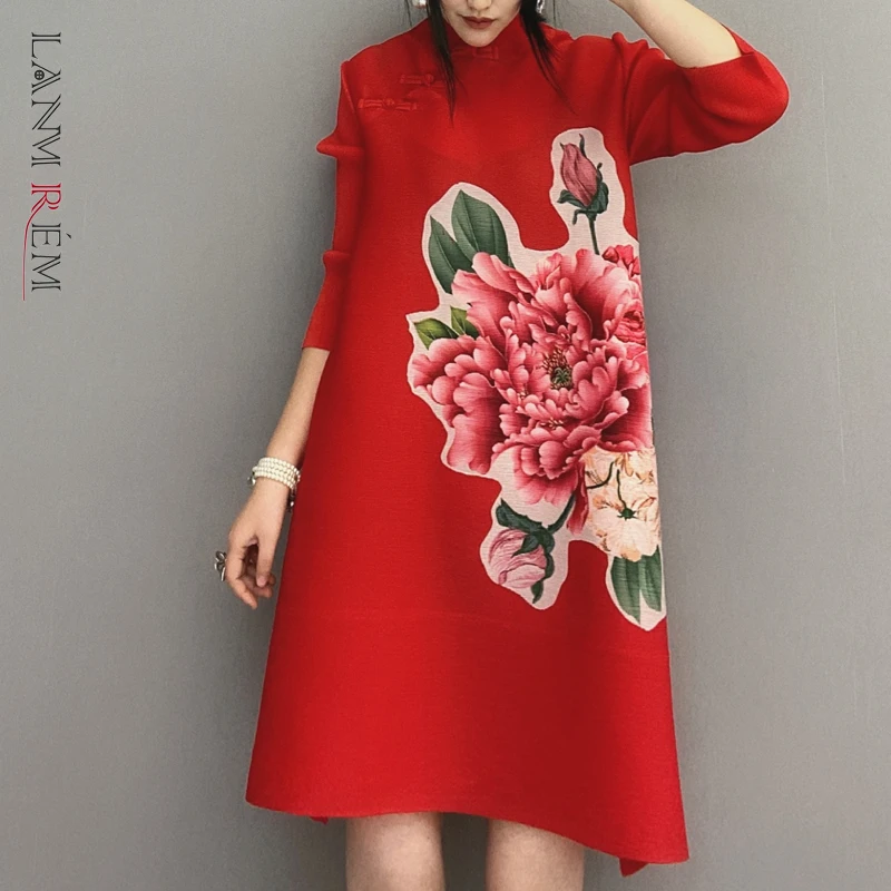 LANMREM 2021 Новое весеннее платье средней длины с вышивкой и воротником стойкой