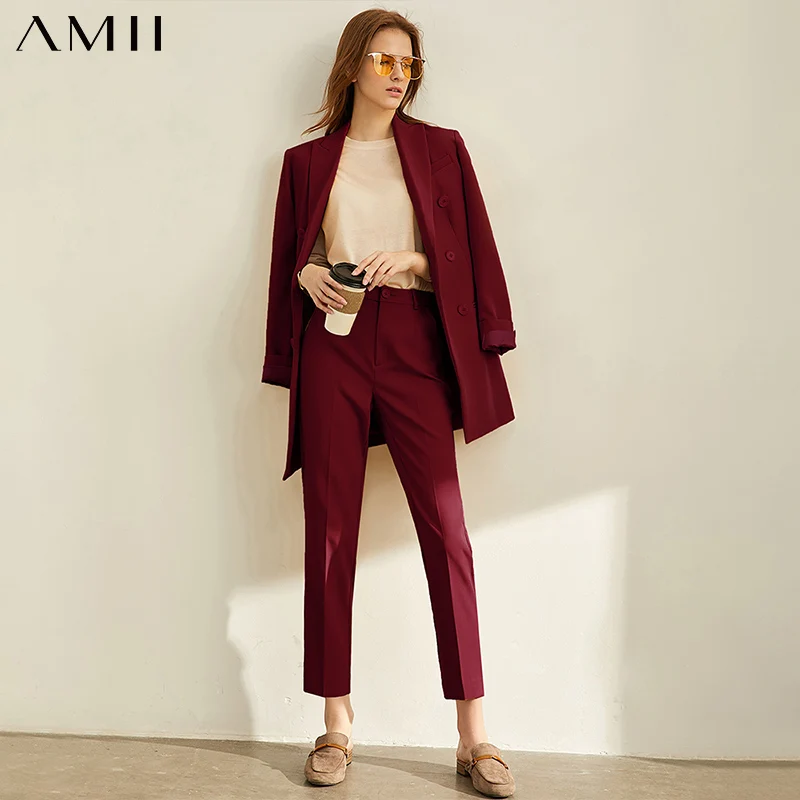 

Amii Minimalism Spring Summer Causal Women's Suit Coat Solid Lapel Double Breasted Coat Straight Ankellength Suit Pants 12120103