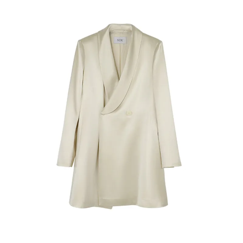 

LANMREM acetate silk suit coat for women Autumn New Long-sleeved Glossy mid length blazers All-match Double-breasted Loose A1765