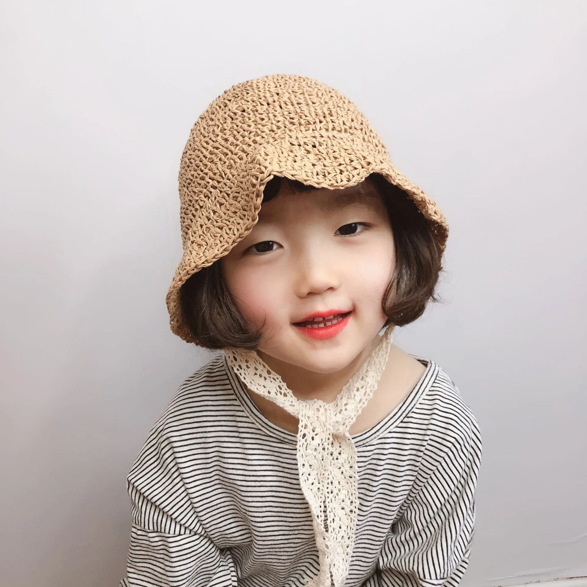 Sunshade Handmade Fisherman Caps Summer Spring Baby Girl Straw Hat Lace Windproof Cord Beach Sun Wide Brim Cute Floppy |