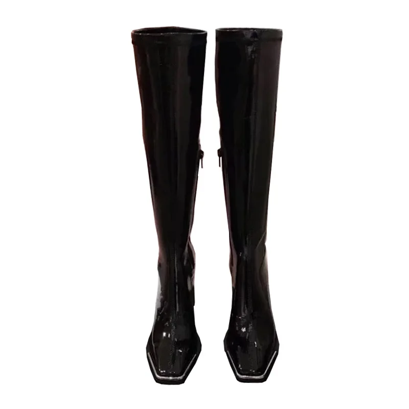 

same metal square head patent leather high tube below knee women's super high heeled Knight boots thick heeled boots
