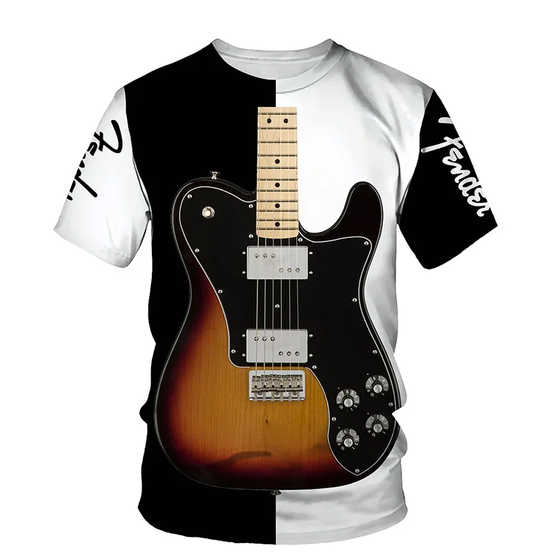 

3D Art Guitar Print T-shirt Men 2021 Summer New O Neck Short Sleeve Tees Tops Fashion Art Style Male Clothes Casual T-shirts
