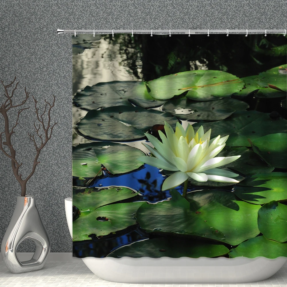 

Chinese Lotus Lotus Leaf Shower Curtain Water Lily Idyllic Natural Scenery Washable Background Household Decoration With Hooks