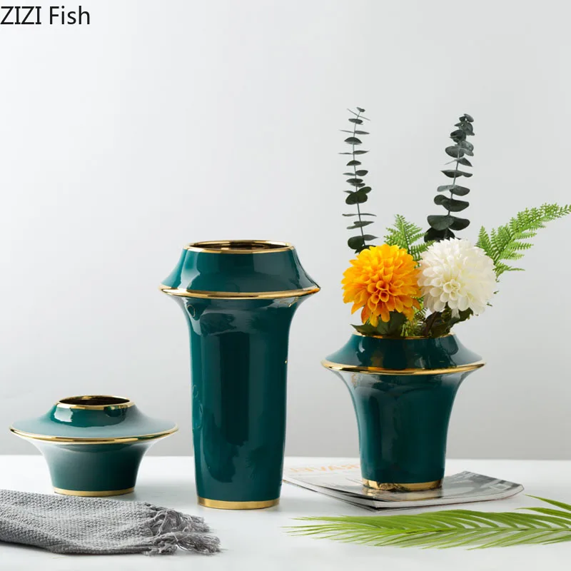 Chinese Ceramics Vase Green Glaze Golden Edge Vases Desk Decor Flower Insert Artificial Flowers Home Decoration Accessories | Дом и сад
