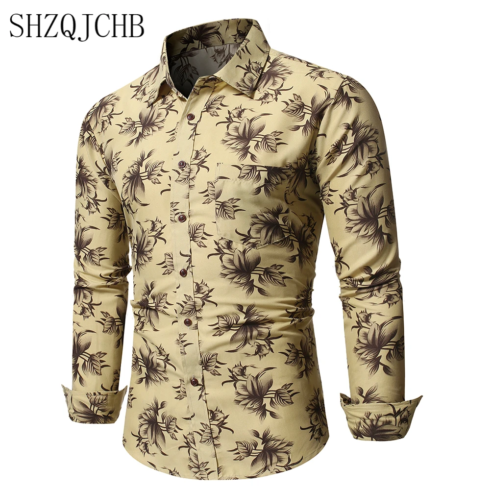 

New 2021 Men's Flower Printed Long Sleeve Shirts Male Slim fit Floral Shirt Autumn Basic Tops M-2XL