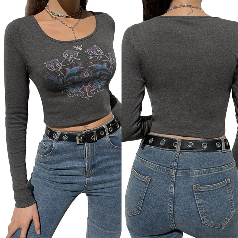 

Женская модная укороченная футболка с длинным рукавом и круглым вырезом