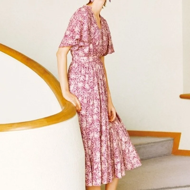 

2021 Summer Silm Waist Ruffles Office Lady Dresses Women Sweet Lace Up Vestidos Mujer Vintage Print V-Neck Rope+elegant Camis