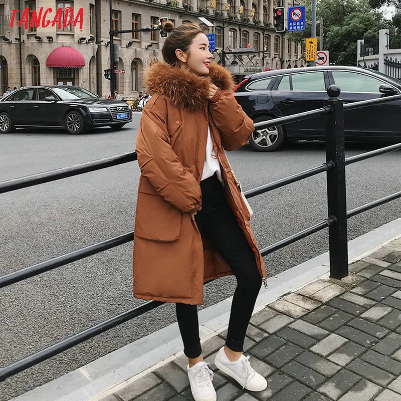Tangada зимнее женское черное пальто с хлопковой подкладкой размера плюс 2XL длинная парка с меховым воротником пальто с капюшоном теплая верхняя одежда AMK11