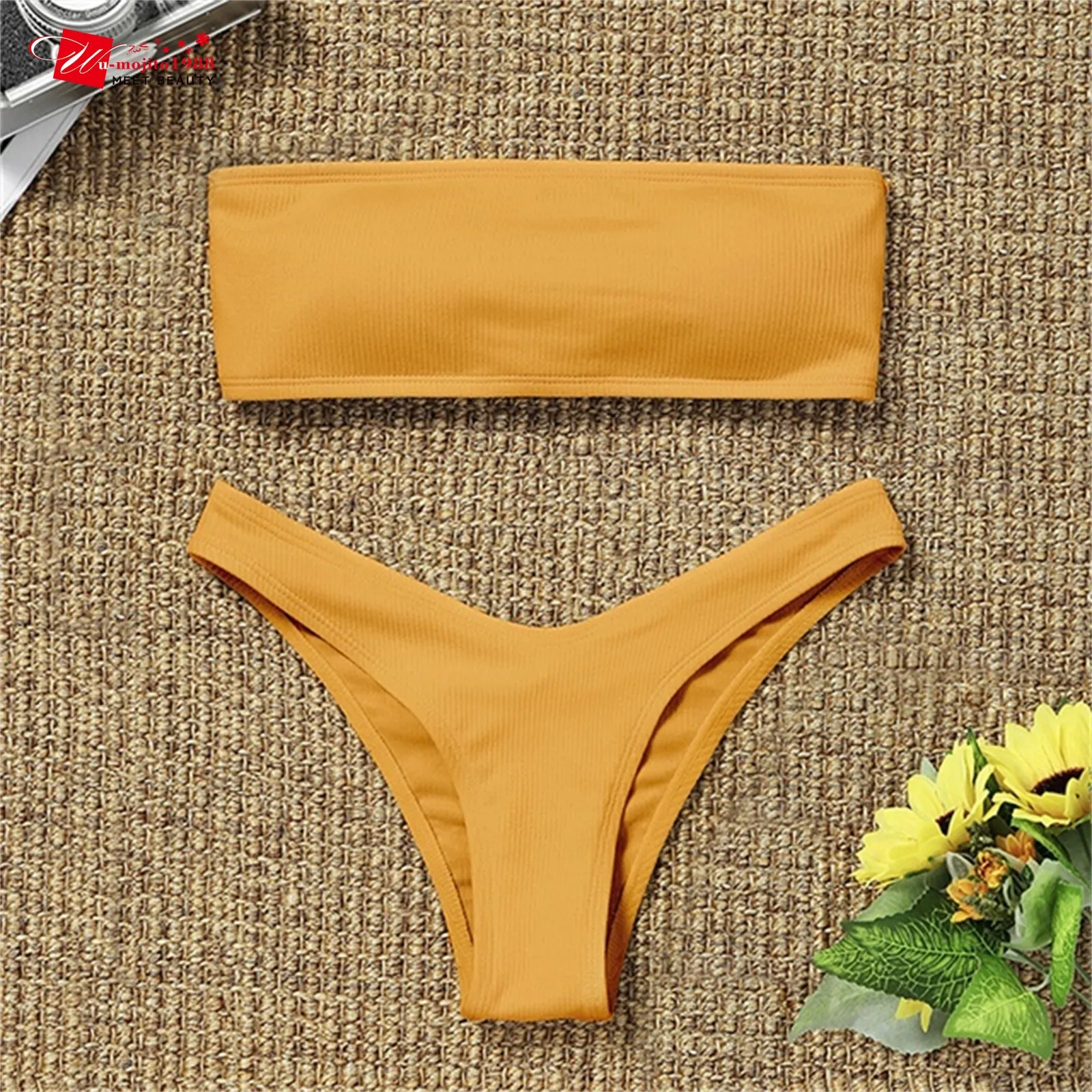 

2021 New Bikini High Waist Strapless Sexy Bikini Women Swimwear Women Swimsuit Women Padded Bathing Suit Pure Color