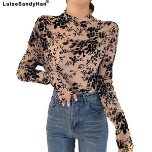 Женская кружевная блузка, с длинным рукавом и высоким воротом, весенняя, 2020