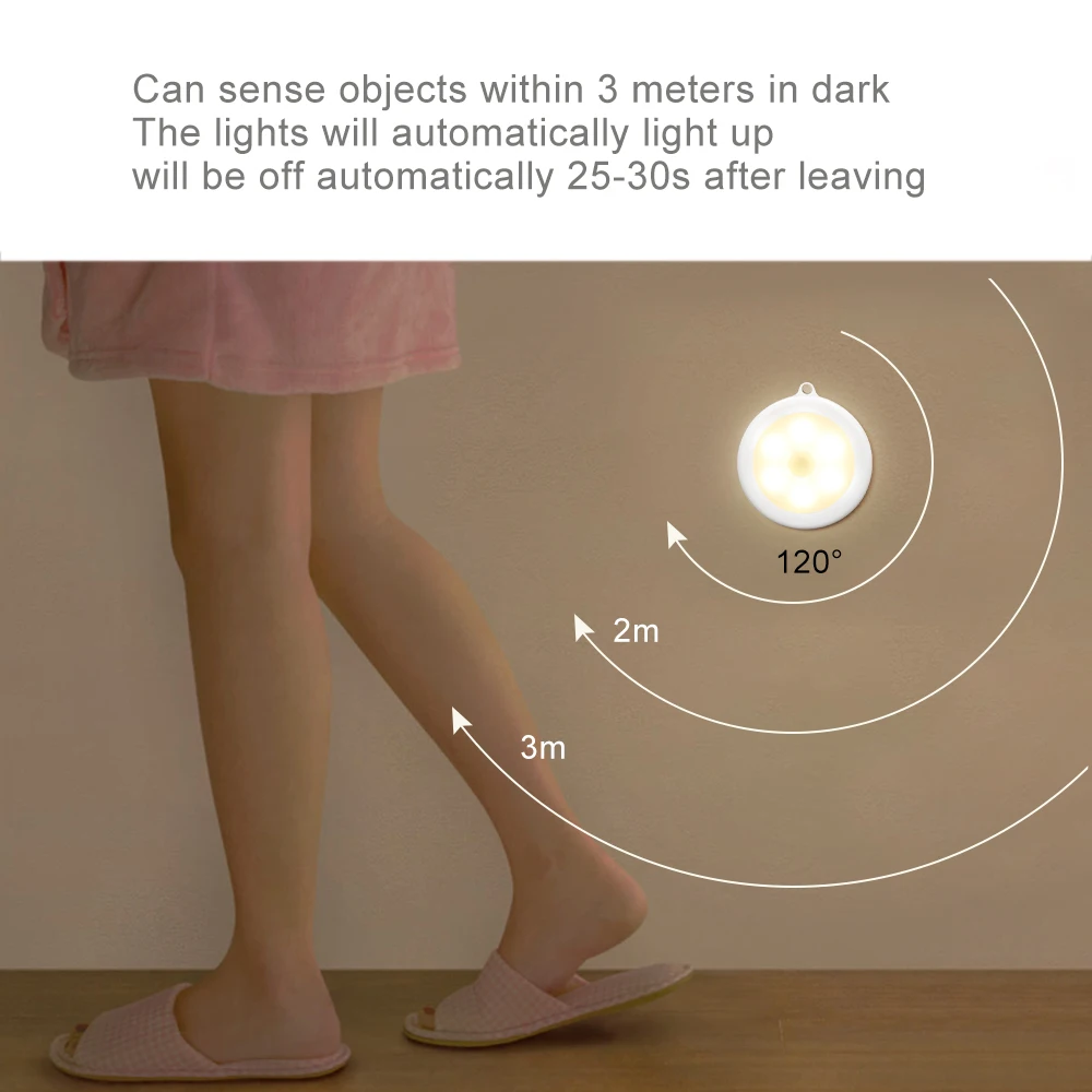 1/3/6pcs 6 LEDs Motion Sensor Cabinet Light Dia 80mm Wireless Detector Auto On/Off Lamp Protect Eye New | Освещение