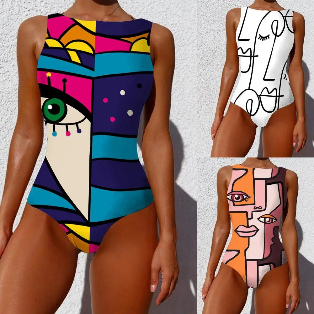 

Bikinis Set Monokini Abstract Cartoon Print Backless Swimwear Summer Women Sleeveless One Piece Swimsuit for Swimming Pool 2021