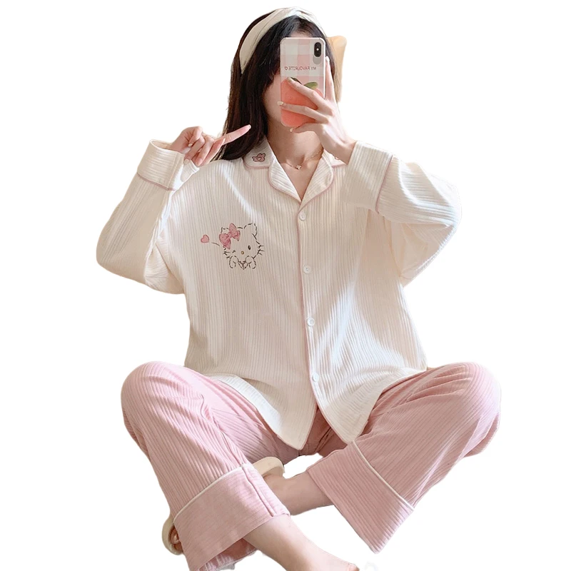 

Sanriod Kawaii Cartoon Anime Series Kitty Pajamas Pure Cotton Less Ladies Spring and Autumn Long Sleeves Girls Holiday Gift