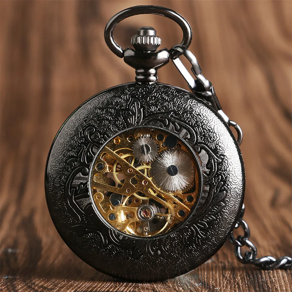Exquisite Hollow Flower Birds Manual Mechanical Pocket Watch Vintage Black Pocket Chain Antique Pocket Timepiece Gifts Male