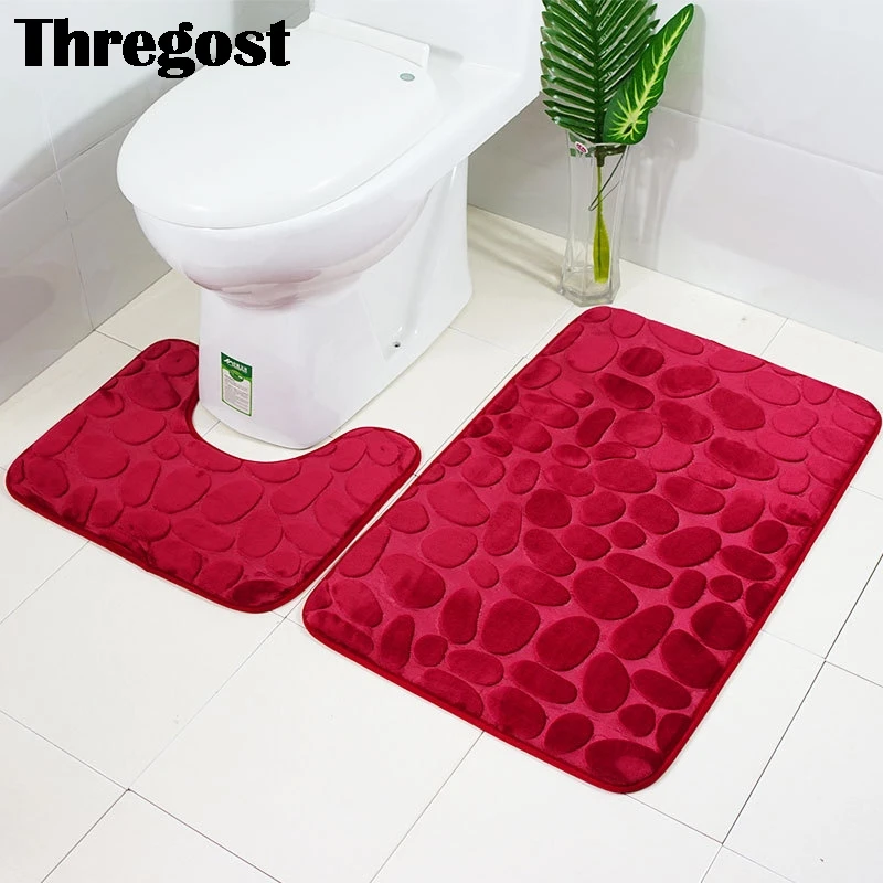 

Solid Bathroom Bath Mat Set 2pcs Toilet Rugs Soft Anti Slip Shower Carpets Non Slip Toilet Lid Cover Shower Room Rug Floor Mats