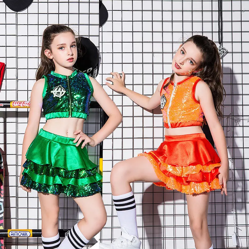 

Hip Hop Dance Costumes Kids Sequined Sleeveless Top Skirts Stage Outfit Girls Cheerleading Child Street Dancing Clothes