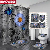 blue butterfly flower printed bathroom shower curtain set toilet cover non slip bath mat rug waterproof curtains toilet seat