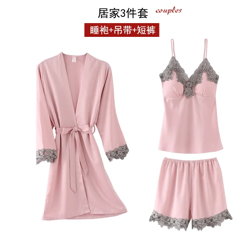 

Pijamas women robe sets Silk 3Pcs Pajama Set Satin Pyjamas Sexy Lace Pijama Nightie Sleepwear Home Clothes