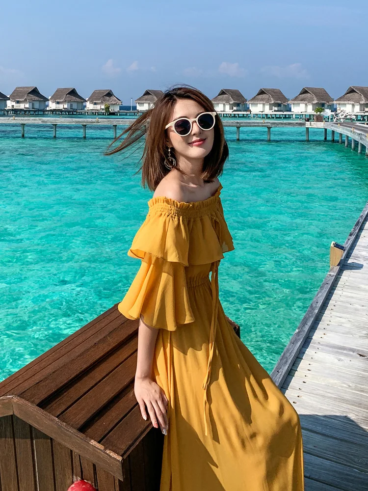

2021 New Women's Summer Beach Skirt Seaside Holiday Skirt Slim Long Skirt Yellow Dress