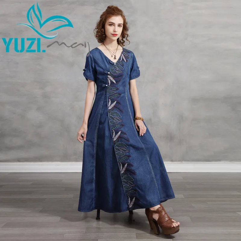 Women's Dresses 2021 Yuzi.may Boho New Denim Summer Dress V-Neck Vintage Embroidery Short Sleeve Vestidos A82295 Vestido