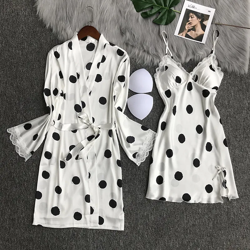 WhiteRobeDress Женские пижамные комплекты из 3 предметов, атласные пижамы, пижама с подушками на груди, кружевные шелковые пижамы для отдыха, ночная Пижама - Цвет: WhiteRobeDress