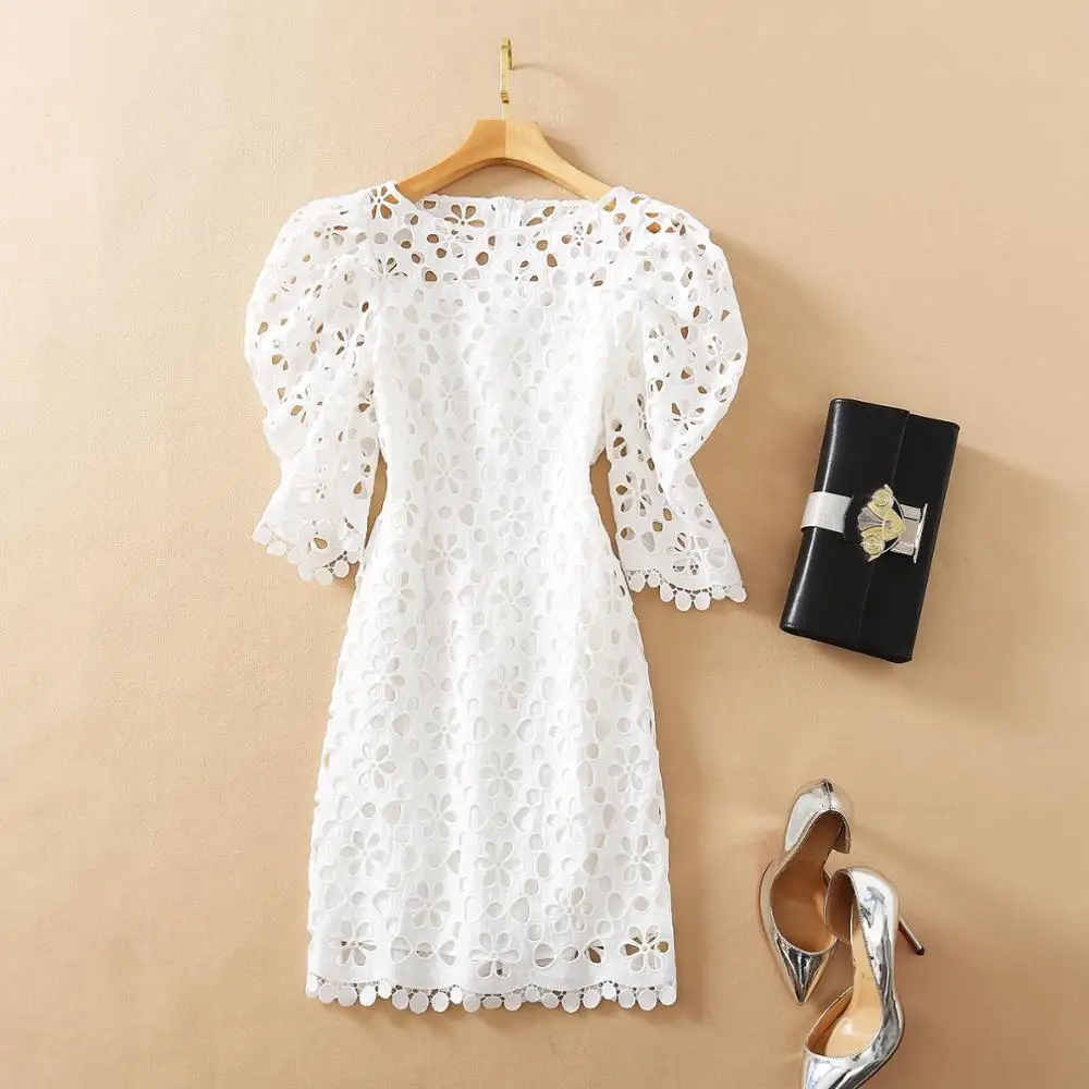 European and American women's clothing 2021 The new spring Puff sleeves seven-part sleeves hollowed out Fashion white dress