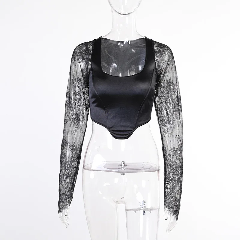 

FSNFOX Gothic Black Streetwear Corset Top Vintage Lace Patchwork See Through Long Sleeve Tee Sexy Bodycon Umbilical Vest