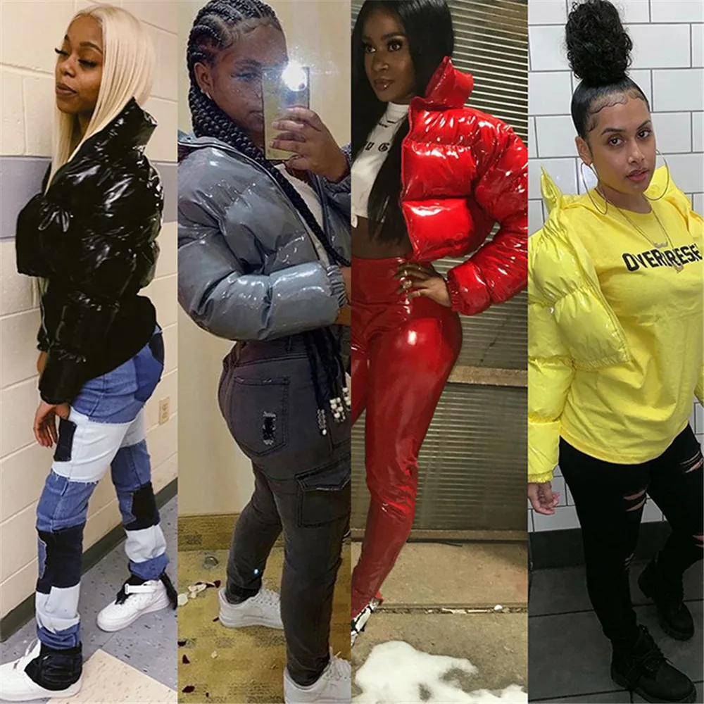 Укороченная куртка пуховик однотонное пальто с пышными рукавами и воротником