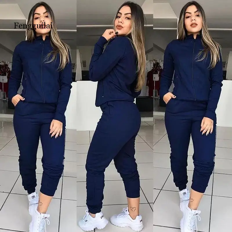 

Women Sports Tracksuit 2 Piece Set Long Sleeve Jacket And Elastic Waist Pants Suit Autumn Fashion Solid Suit For Female