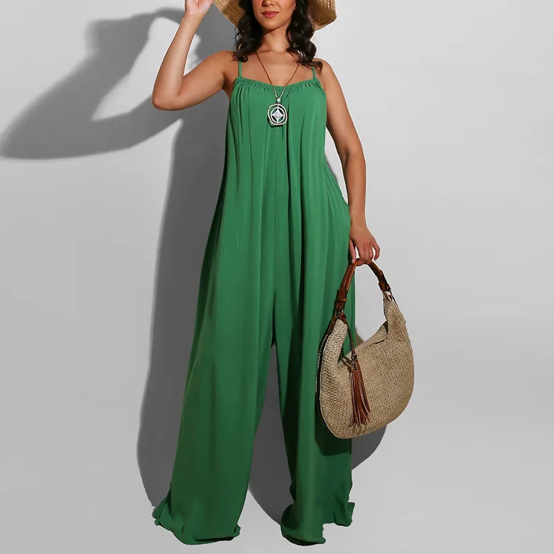 

Women Plus Size Casual Spaghetti Strap Wide Leg Loose Jumpsuits