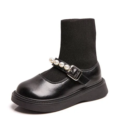 

Girls' short boots children's black leather shoes 2021 spring and autumn new princess shoes high-top socks shoes single shoes 35