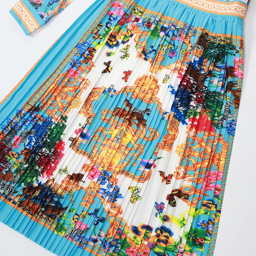 

AELESEEN Fashion Women Dresses 2019 Summer New Animal Flower Turn-down Collar Elegant Print Sashes Runway Pleated Dress