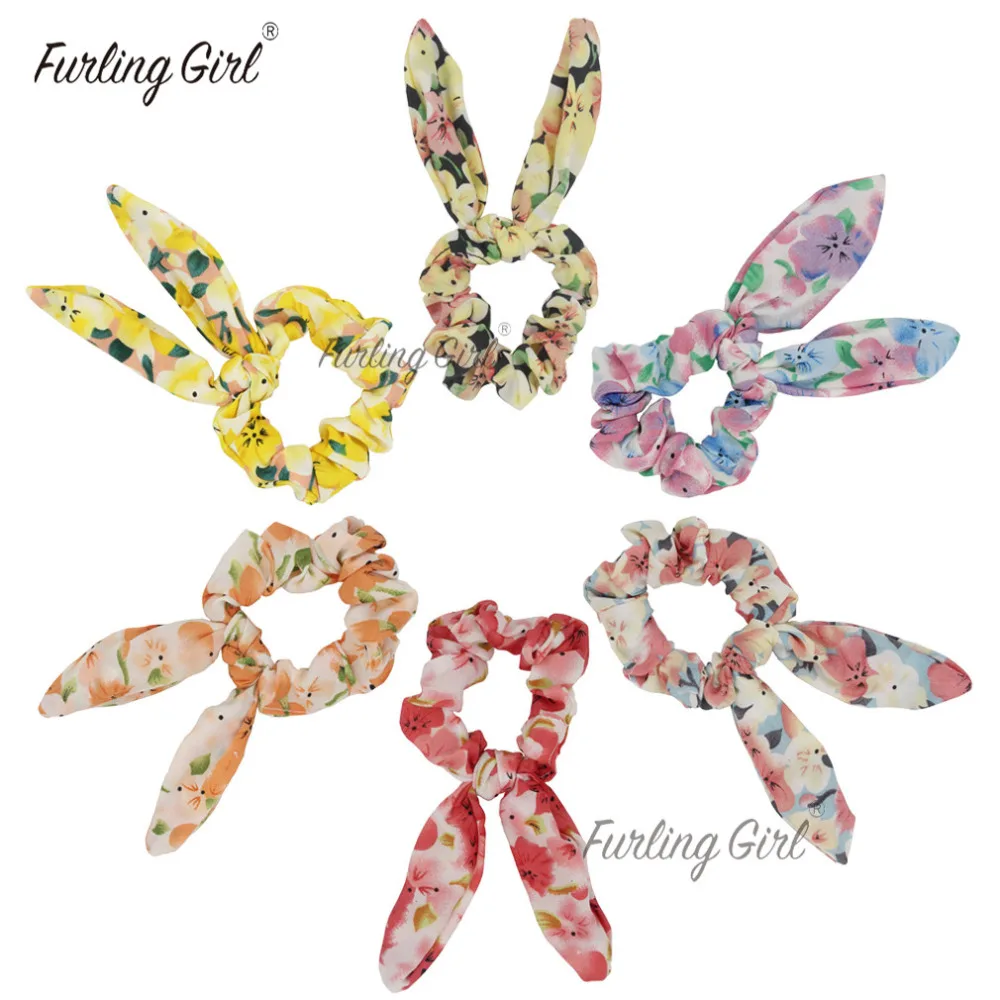 Furling Girl 1 PC Sakura Flower Chiffon Flower Elastic Hair Bands Bunny Ears Cherry Blossom Fabric Hair TiesPonytail Holder