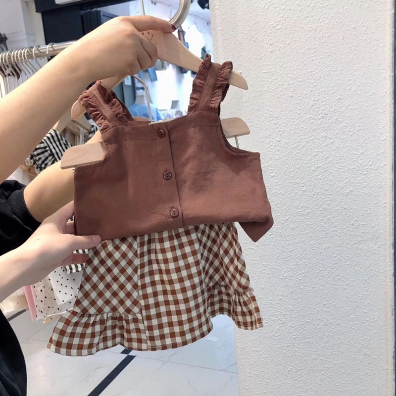 Милый костюм для девочек топ без рукавов + клетчатая юбка из двух предметов