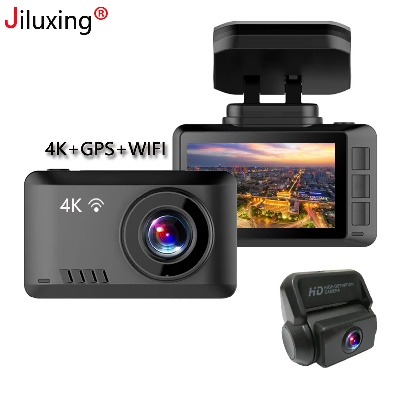 Jiluxing 4K Автомобильный видеорегистратор GPS трекер с двумя объективами заднего вида