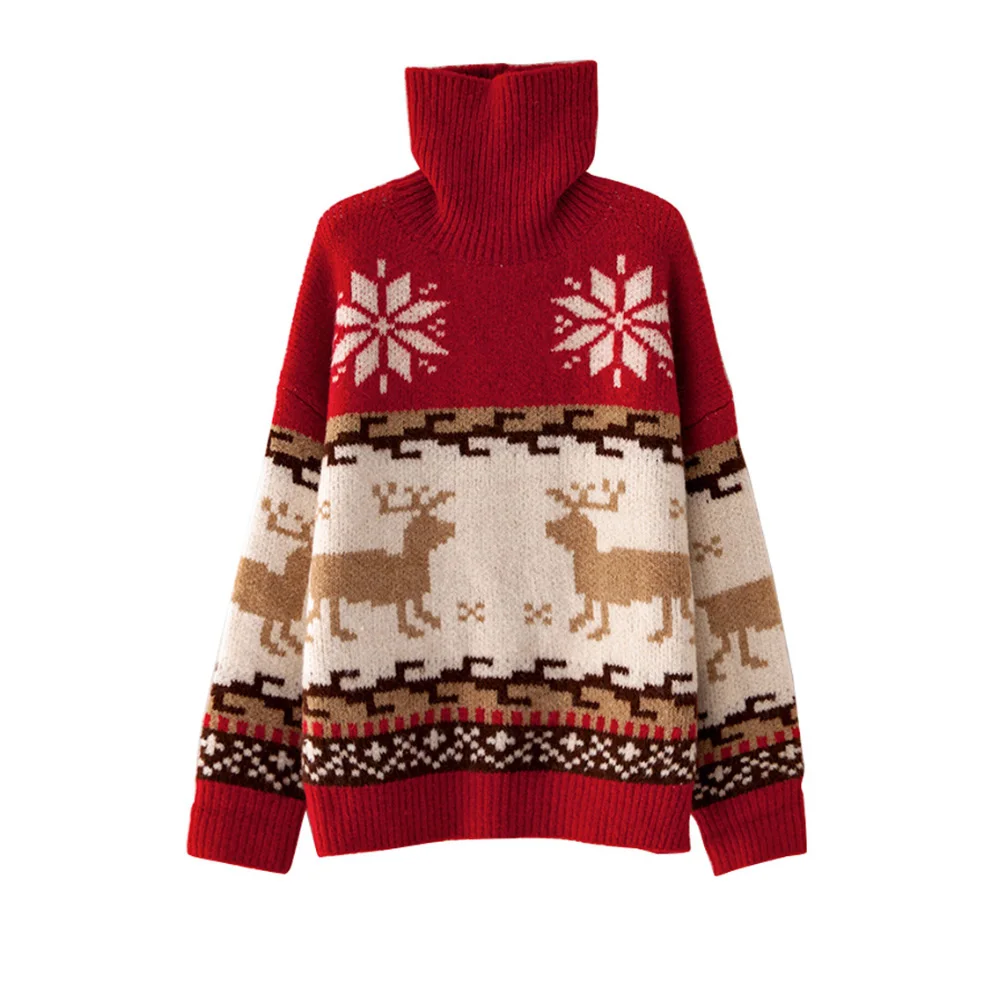 

Christmas Elegant Autumn Sweater Women Winter Deer Print Turtle Neck Pullover Knitwear Loose Sweater Ladie winter sweaters
